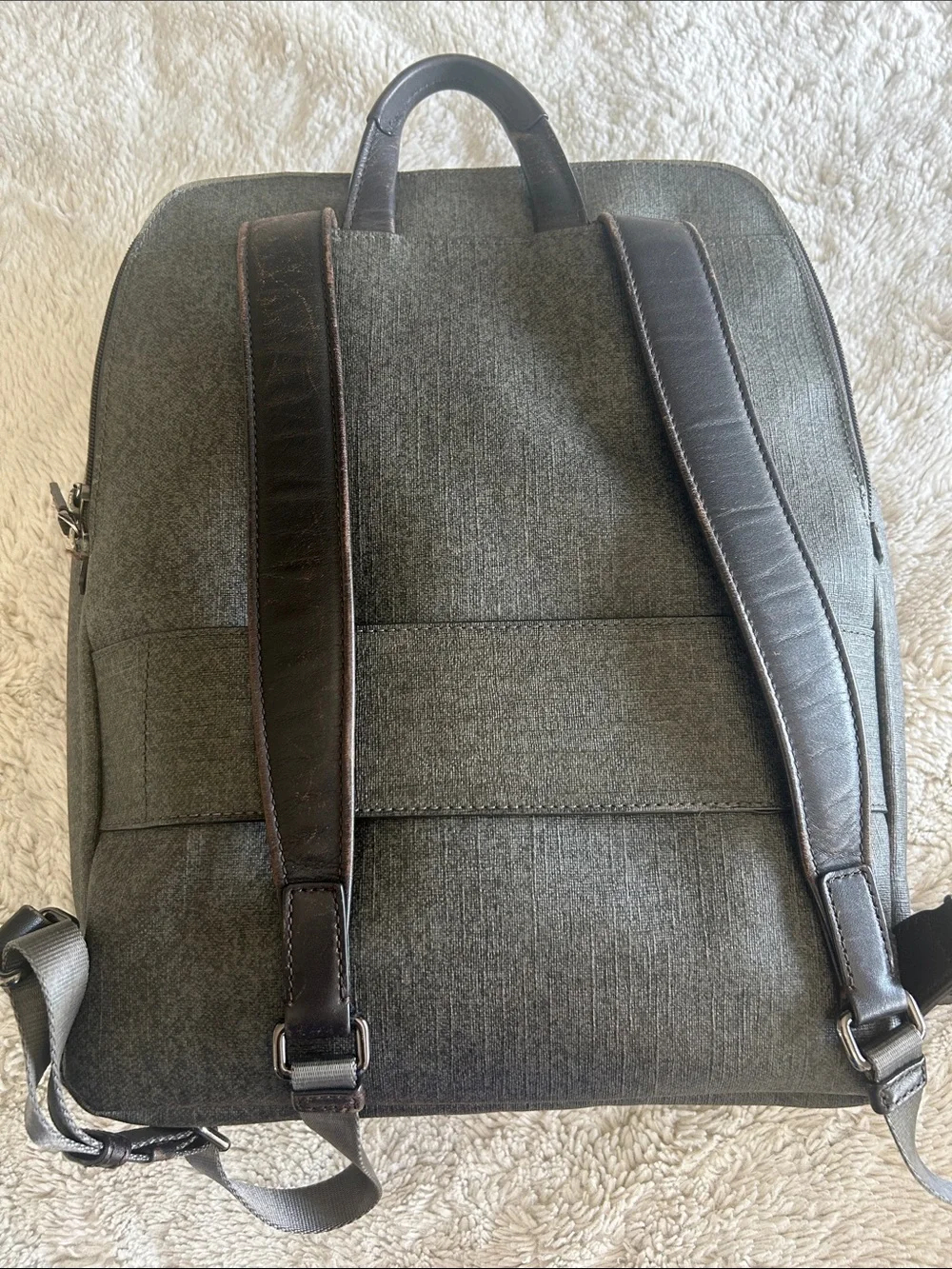 Tumi Gray Backpack with Leather Trim and Monogram Tag